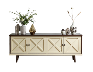 Cream-colored TV stand with decorative accents