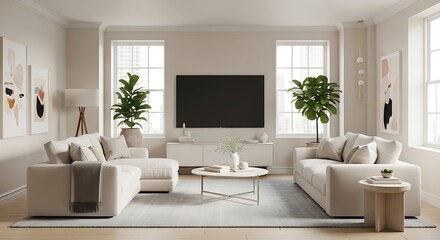 Fototapeta premium A modern, minimalist living room boasts a light beige sectional sofa, complemented by a neutral color palette and statement art pieces.