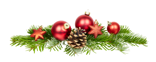 christmas decoration with green fir tree needles and red balls isolated on white or transparent png