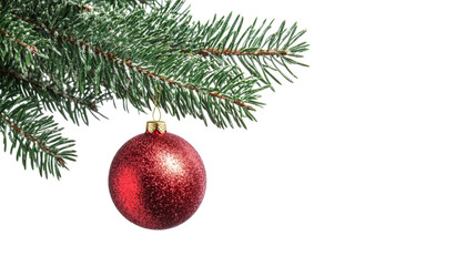Red Christmas bauble on fir twig isolated on a transparent background 
