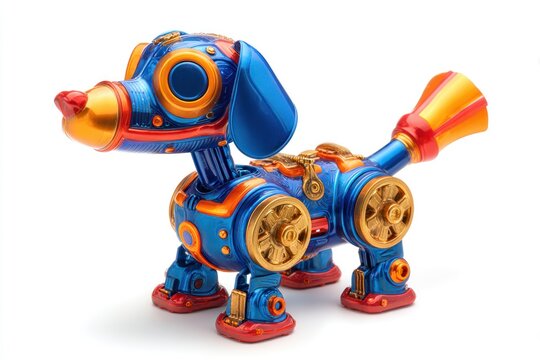 A whimsical, mechanical dog figurine crafted with blue, orange, and gold accents, posed against a stark white backdrop, casting a soft shadow - Powered by Adobe