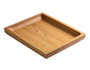 Rectangular wooden tray with a recessed interior.  Light-colored wood grain is visible