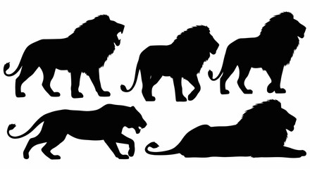 Silhouette of five lions in various poses, including standing, walking, and resting, against a plain background.
