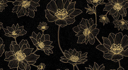 Elegant floral pattern featuring delicate line-drawn flowers on a dark background, ideal for design