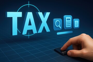 Hand pressing enter key with glowing tax hologram representing finance accounting and digital calculation
