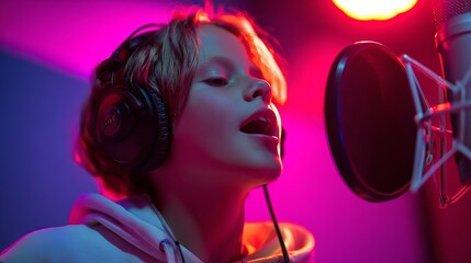 Young talent passionately singing into professional microphone with vibrant studio lighting, capturing raw emotion and creativity