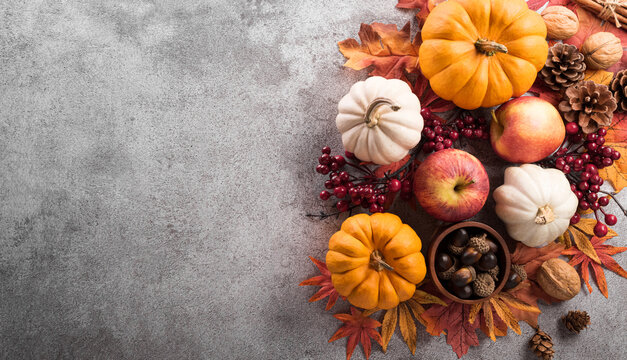 Thanksgiving and Autumn decoration concept made from autumn leaves and pumpkin on stone background.