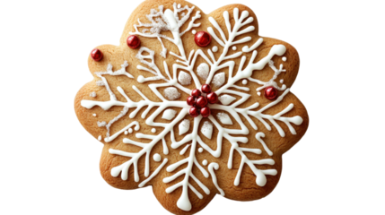 Snowflake gingerbread cookie with red berries isolated on a transparent background