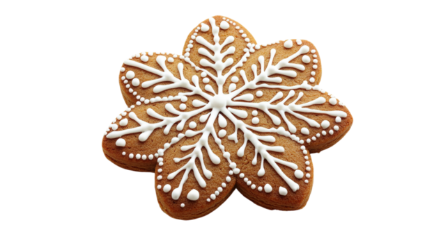 Snowflake gingerbread cookie with white icing isolated on a transparent background