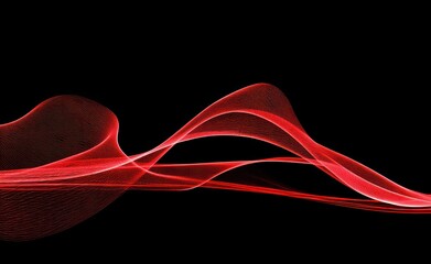 A flowing, translucent red ribbon dances across a stark black background, creating a dynamic and abstract composition with light and movement