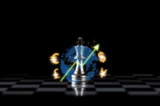 Golden chess piece with stock market numbers and glowing currency symbols, symbolizing global finance, forex trading, investment, and business strategy.