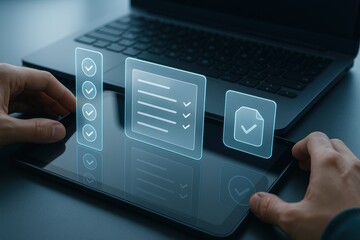 Hands using tablet with glowing holographic checklist and approval icons in front of laptop for digital productivity
