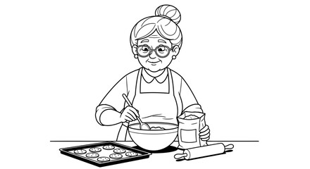 Cheerful grandma stirring cookie dough in a bowl, baking cookies for grandkids, creating sweet memories and family time, a heartwarming scene