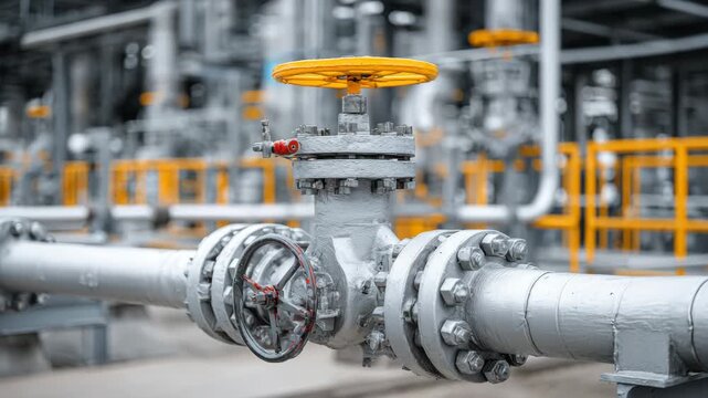 The video displays a detailed view of a gas processing facility with industrial valves and control systems in focus. Bright colors highlight essential equipment throughout the site