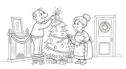 Festive senior couple decorating Christmas tree with star and lights in cozy living room, creating joyful holiday memories and spreading holiday cheer