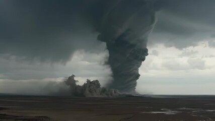 Powerful tornado funnel cloud descends on barren land under a dark, stormy sky, kicking up dust and debris. Natural disaster concept. - Powered by Adobe