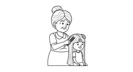 Heartwarming illustration of grandmother lovingly brushing granddaughter's hair, a tender moment of family connection and care, perfect for lifestyle content