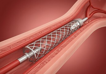 Medical illustration of a coronary artery stent being deployed to open a blocked blood vessel