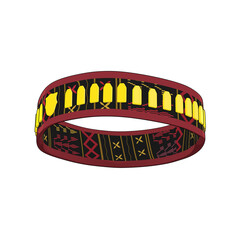 3D illustration of cultural ethnic headband accessory with red fabric and yellow woven motifs, isolated on white background, traditional clothing accessory design.
