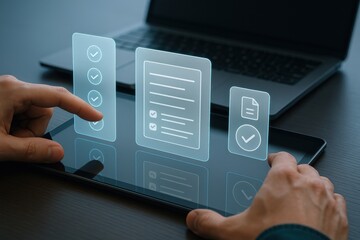 Finger touching tablet with glowing holographic checklist and document icons symbolizing digital task management
