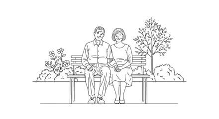 Lovely senior couple enjoying peaceful retirement together on park bench, radiating warmth and happiness in their simple, joyful illustration