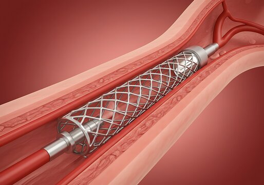 Medical illustration of a coronary artery stent being deployed to open a blocked blood vessel