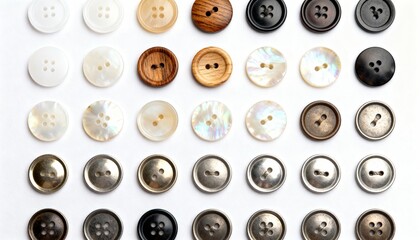 Organized display of different button types: plastic, shell, metal, monochrome grid
