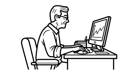 Senior manager monitoring financial growth on computer, visualizing stock market success and business trends in a modern office setting with focused intent