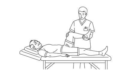 Caring physical therapist assisting senior man with leg exercises on massage table, promoting wellness and recovery through rehabilitation therapy