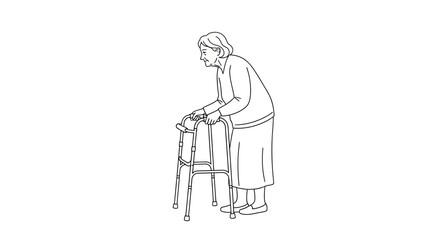 Elegant line art illustration of senior woman using walker, perfect for healthcare campaigns or promoting mobility and independence in later life