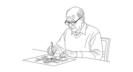 Senior man enjoys stimulating crossword puzzle challenge to keep his mind sharp and active in retirement with pen in hand in a line art drawing