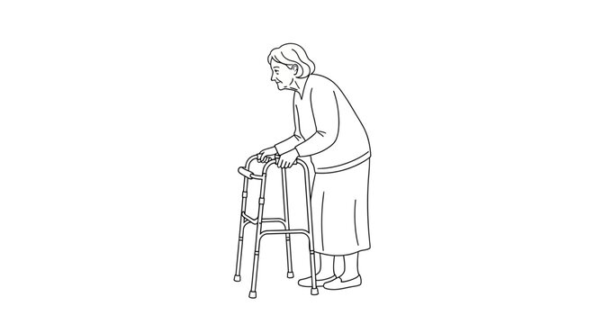 Elegant line art illustration of senior woman using walker, perfect for healthcare campaigns or promoting mobility and independence in later life