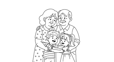 Grandparents lovingly hugging grandchildren in sweet family moment, perfect for coloring books, educational materials, and celebrating intergenerational bonds