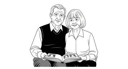 Elderly couple smiles while looking through a cherished photo album, reminiscing about beautiful memories and a life well lived together, a heartwarming illustration