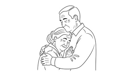 Touching line art of senior couple embracing with love and compassion, perfect for sentimental projects or promoting family values, clean and simple design