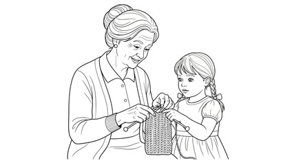 Grandmother teaches her granddaughter knitting skills in a charming black and white line art design for cozy family moments and intergenerational connections