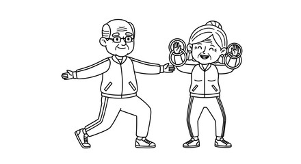 Active seniors enjoying a fun fitness class together, staying healthy and happy with hand weights and stretching in a line art design