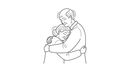 Touching moment of love as elderly couple embrace tightly, sharing a heartfelt connection and offering comfort in a clean, modern design