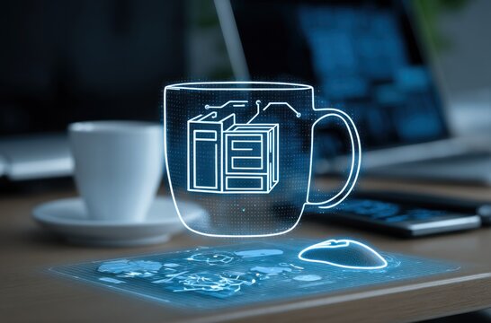 A glowing schematic of a computer inside a mug hovers over a map mousepad next to a coffee cup and laptop on a desk, showcasing tech integration