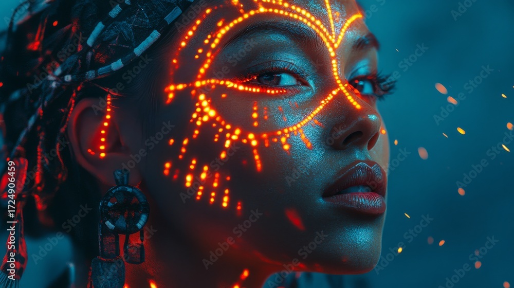 Sticker a stunning portrait of a person adorned with mesmerizing light patterns. the vibrant colors and crea