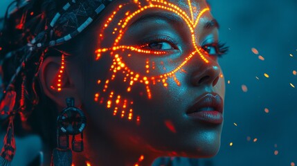 A stunning portrait of a person adorned with mesmerizing light patterns. The vibrant colors and creative design evoke a sense of artistry and modern expression. Generative AI