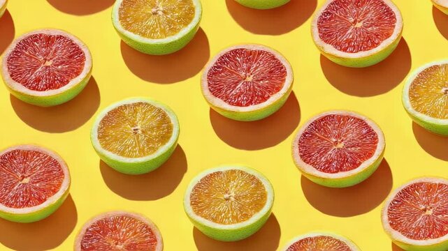 Halved citrus fruits, pink grapefruit and orange halves, arranged in a repeating pattern on a bright yellow background.