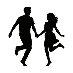 Obraz premium Playful Silhouette Romantic Couple Skipping Hand in Hand Joyful Relationship Energy