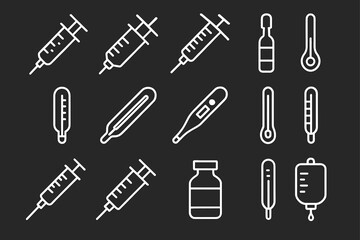 Obraz premium Medical icons: syringe, thermometer, vial, and iv bag line art on black background