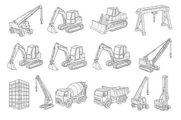 Detailed wireframe of construction equipment collection