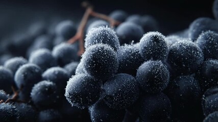 A close-up of dark grapes covered in frost crystals. - Powered by Adobe