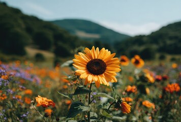 Vibrant sunflower in a wildflower field against a backdrop of rolling, wooded hills under a bright, clear blue sky