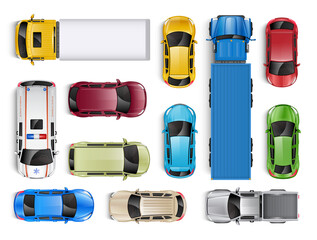 Top view vector illustration of multiple vehicles including cars, trucks, and ambulance © yayasya