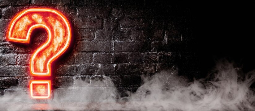 Fiery question mark against a dark brick wall with smoke, symbolizing mystery and intrigue.