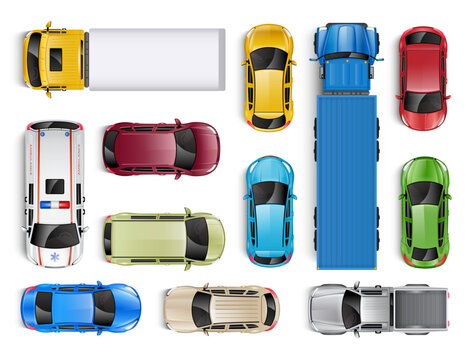 Fototapeta Top view vector illustration of multiple vehicles including cars, trucks, and ambulance